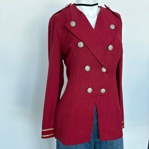 Vintage 90s Red Military Blazer – Silver Crest Buttons – Size 6